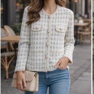 Chanel Style Ivory Tweed Blazer with faux pearl buttons